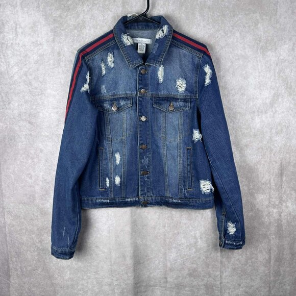 Crave Fame Distressed Denim Jacket Size L with Red Shoulder Stripes - Picture 1 of 9